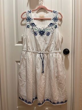 ModCloth Vintage Inspired White Dress with Blue Embroidery - 1X